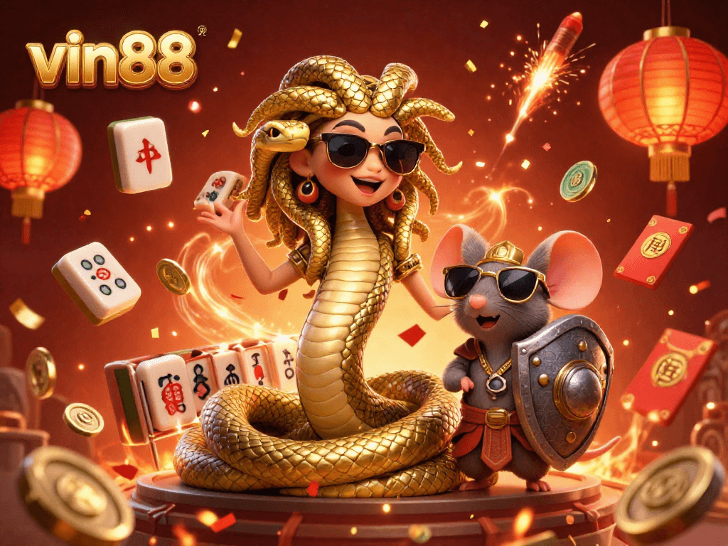 Experience thrilling gameplay with vin88 in this vibrant casino-themed 3D illustration featuring Medusa and a warrior mouse.