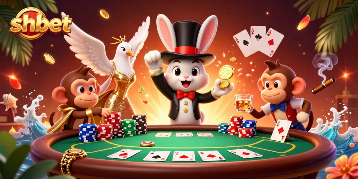 Engage with shbet's casino experience featuring a magician, dove, and monkey at a poker table.