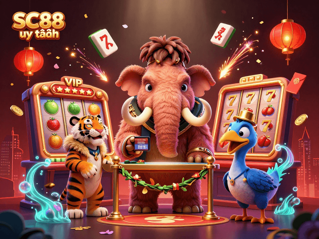 Experience SC88 uy tín with vibrant casino dynamics showcasing a mammoth bouncer, VIP saber-tooth, and rich slot elements.