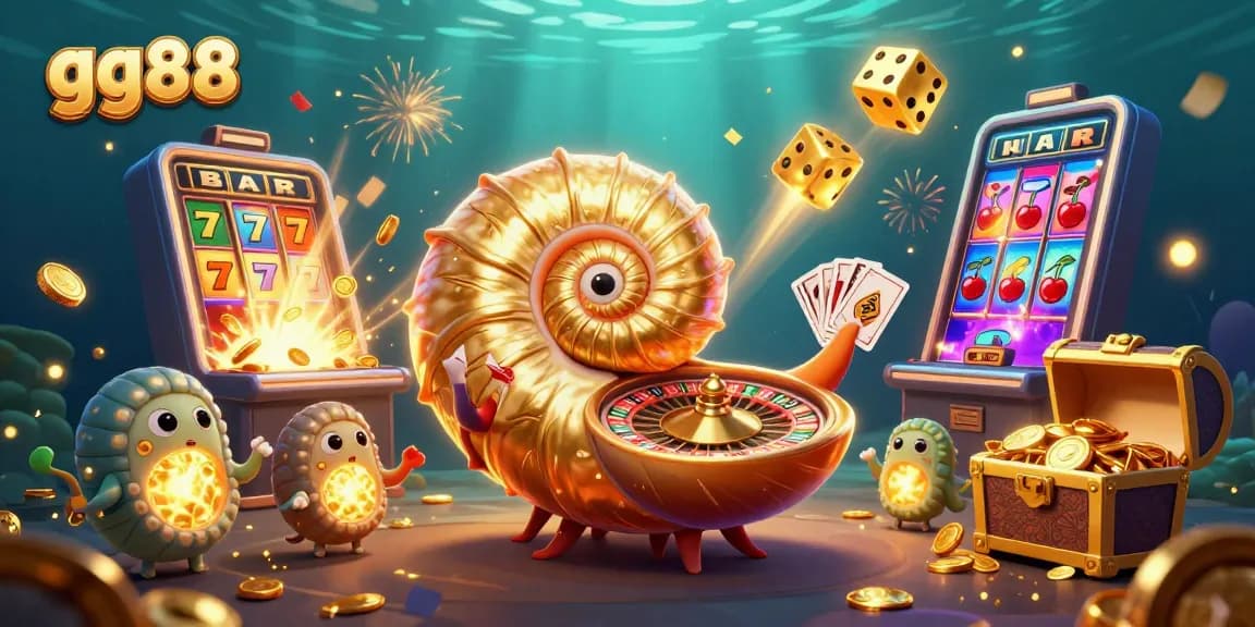 Experience thrilling gaming action with gg88's vibrant casino illustration, showcasing a giant nautilus and jackpot elements.