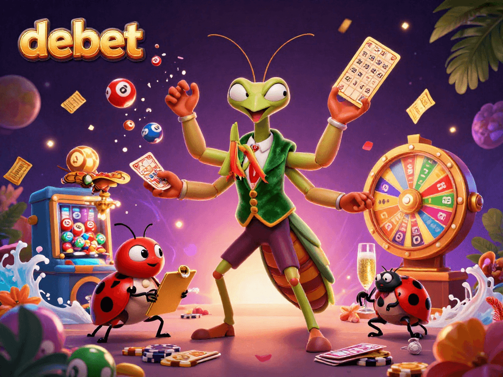 Engage in debet gaming with vibrant lottery balls and charismatic characters in a bustling casino scene.