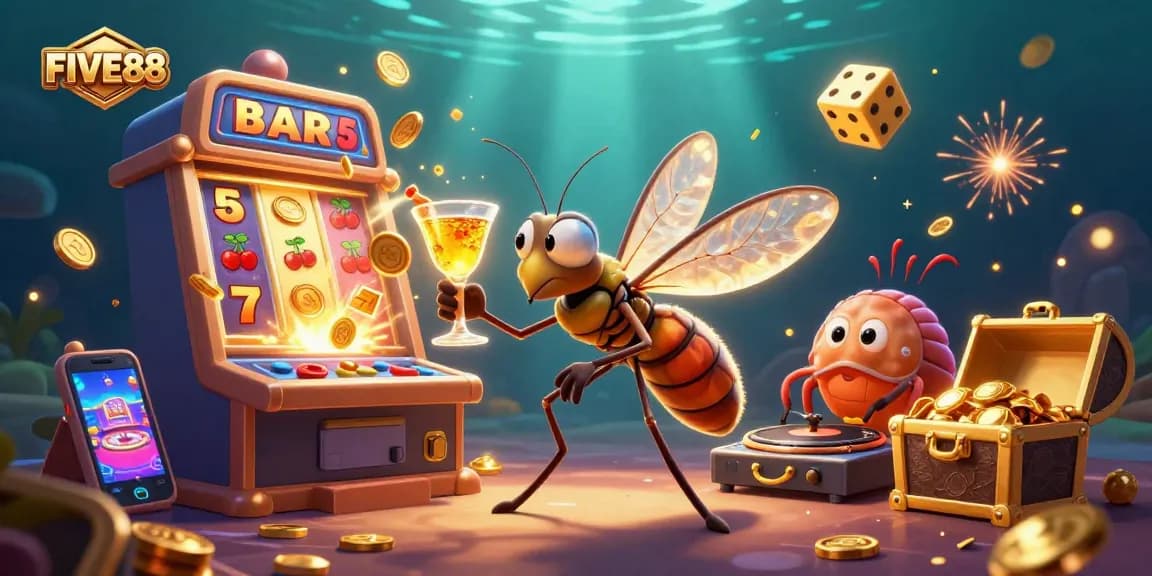 Experience the excitement of FIVE88 with a captivating 3D casino illustration packed with vibrant gaming elements.
