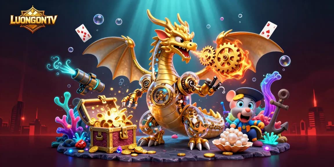 LUONGSONTV showcases an animated dragon breathing gears amidst dynamic gambling elements in a vibrant underwater scene.
