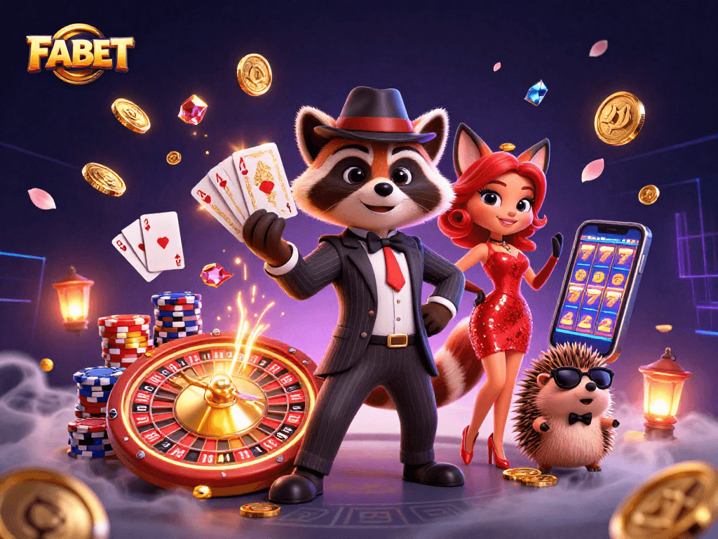 Experience thrilling gaming action with FABET's vibrant casino scene featuring characters and game elements.