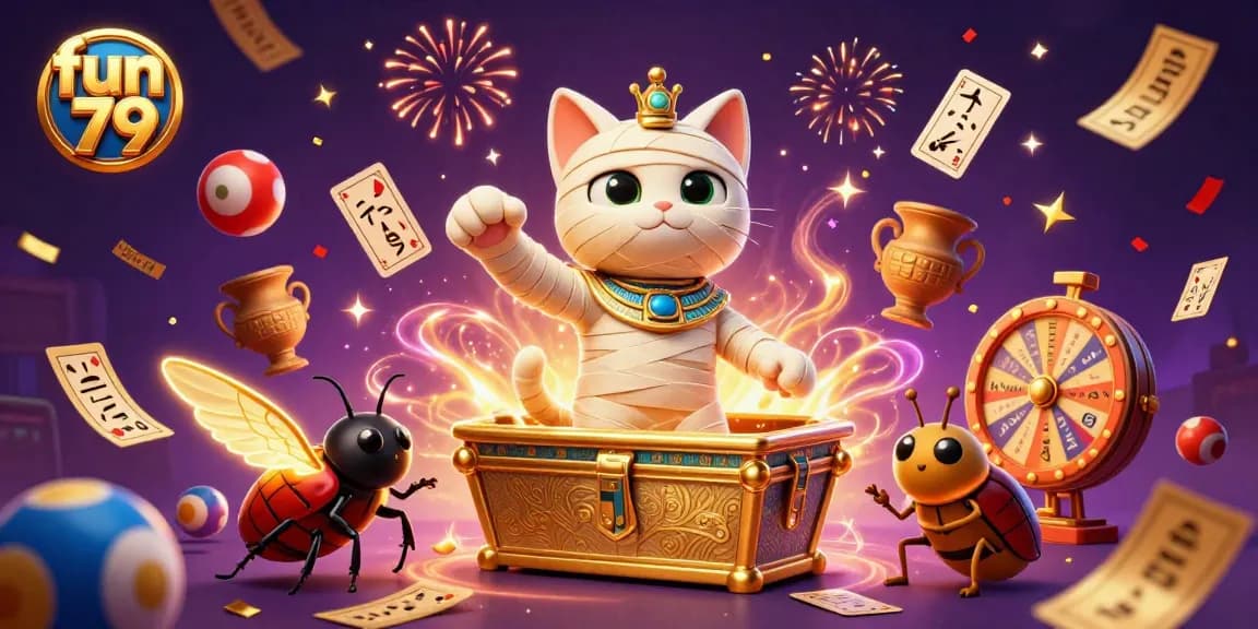 Explore fun 79 at a bustling casino scene with a mummy cat, glowing scarab, and festive lottery elements.