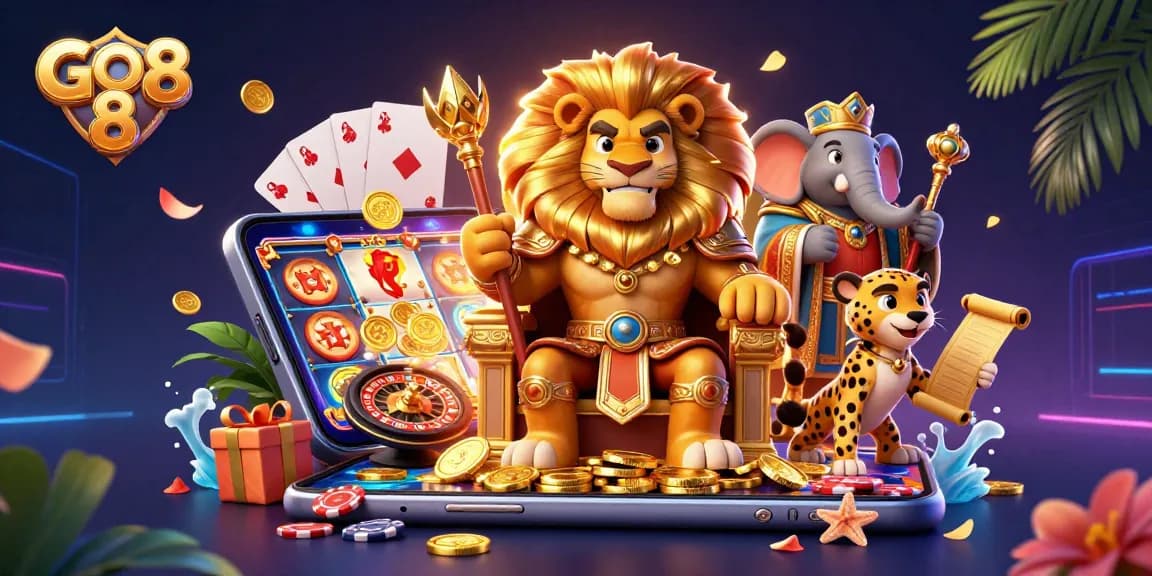Engage with slot games at GO 8 with a vibrant casino scene showcasing exciting characters and gameplay