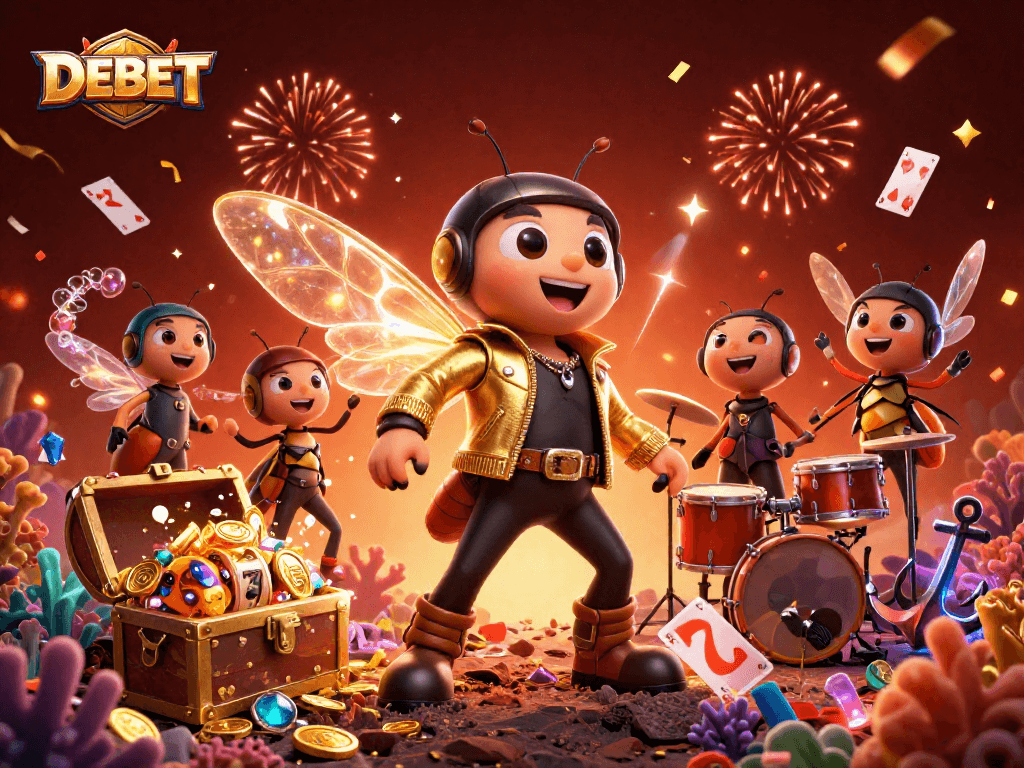 Engage with DEBET's vibrant 3D casino illustration showcasing a rock star and festive elements.