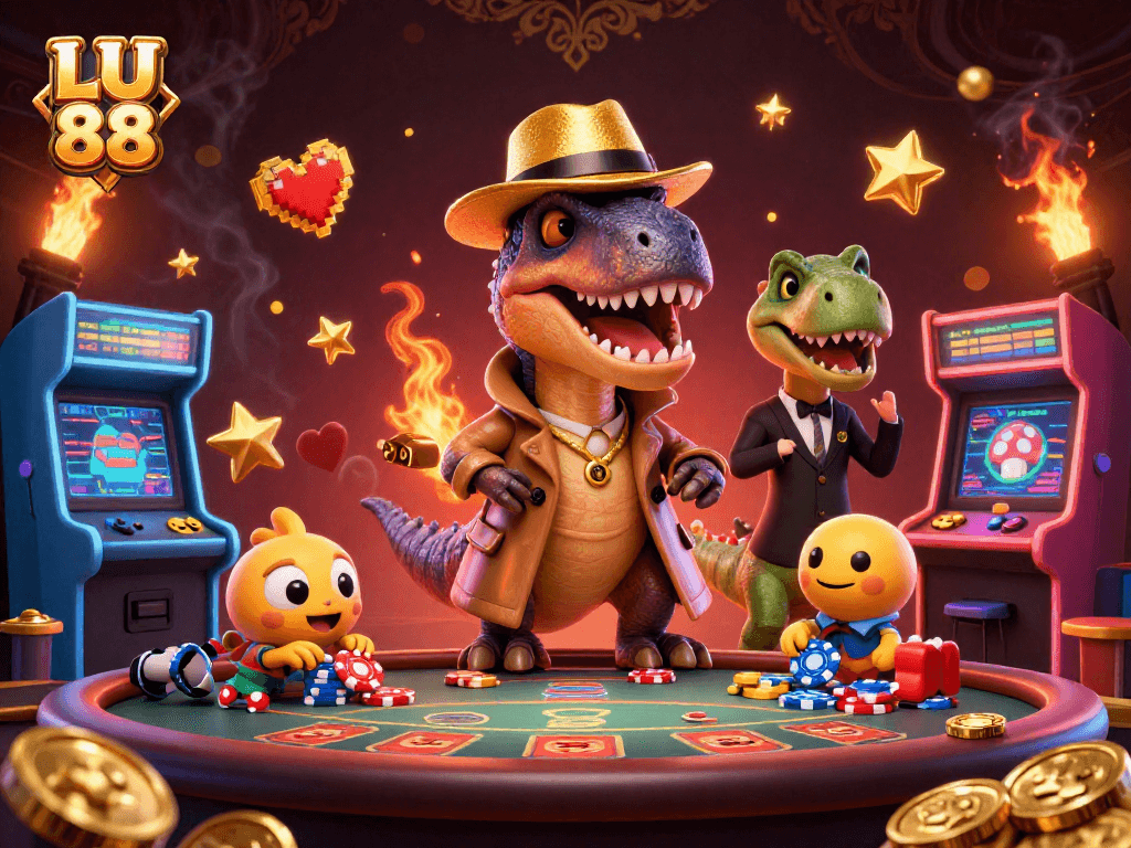 Experience thrilling gameplay with LU 88, featuring a velociraptor at blackjack and vibrant casino elements.
