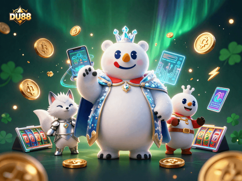 Engage with DU88's vibrant betting scene featuring a polar bear king and fox amidst blockchain elements.