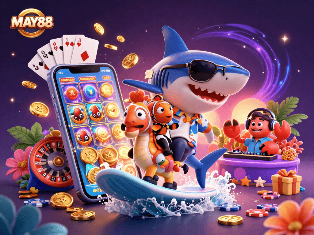 MAY88 brings thrilling gaming action with a shark surfing gold coins and vibrant slot games.