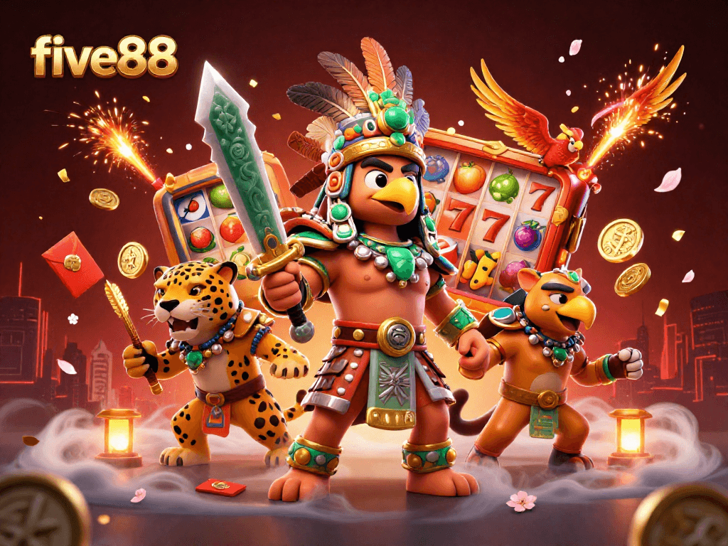 Experience the excitement of five88 with an Aztec warrior and vibrant slot elements in a dynamic illustration.