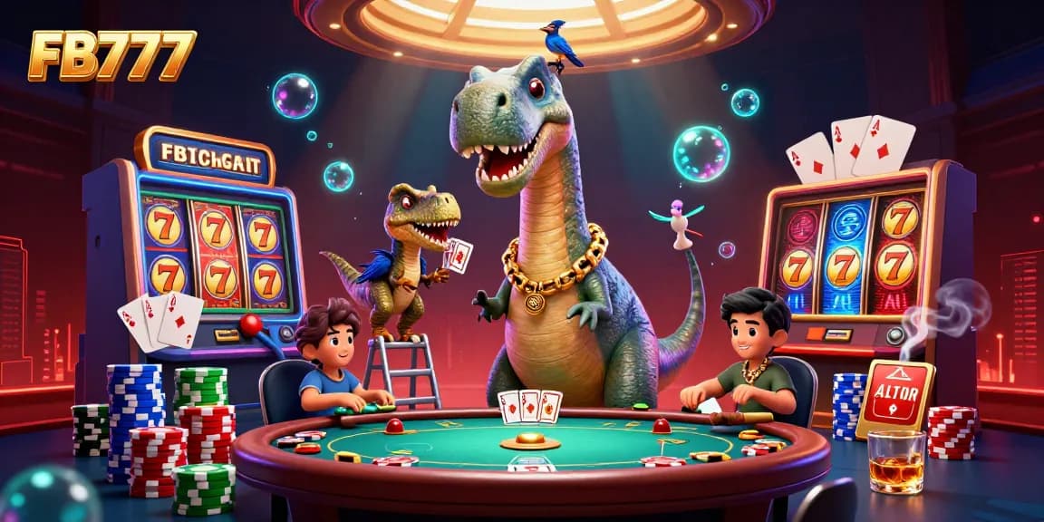 Experience the vibrant excitement of FB777 with a 3D brontosaurus and gambling elements in a dynamic casino scene.