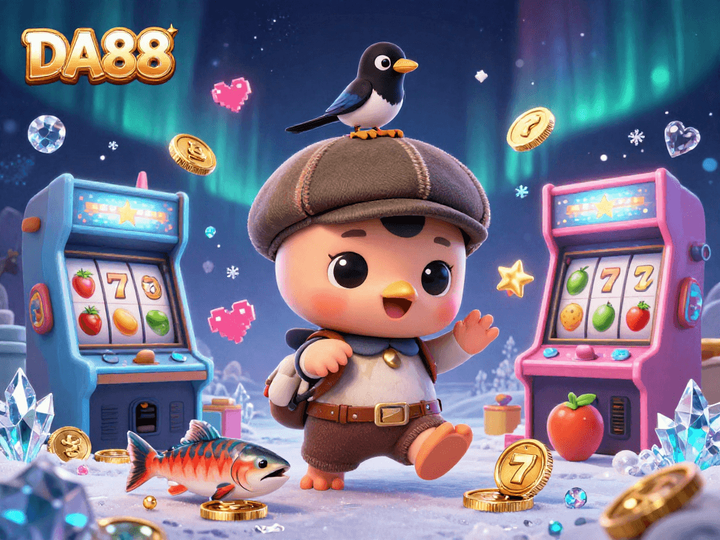 Experience the excitement of DA88 with this captivating slot machine scene featuring a playful Nessie, gold coins, and vibrant game elements.