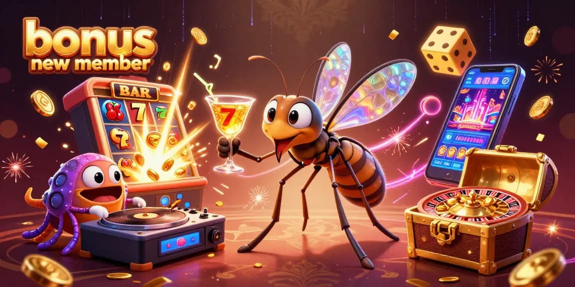 Engage with the bonus new member offer while enjoying a vibrant 3D casino scene.