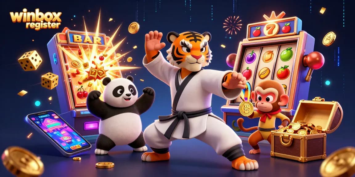 Winbox register: A lively 3D scene featuring a kung fu tiger, panda disciple, and a monkey with casino game elements.