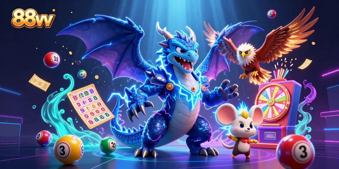 Experience the excitement of 88vv with a dynamic lottery scene featuring vibrant elements and animated characters.