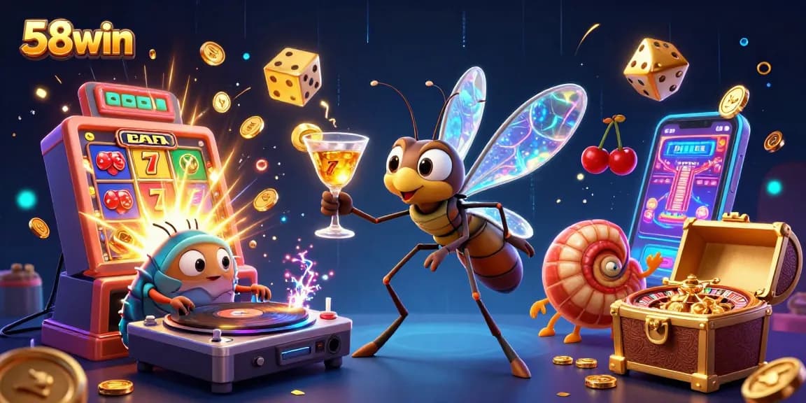 Spin jackpot wins at 58win casino, featuring dynamic cartoon characters and vibrant gaming elements.