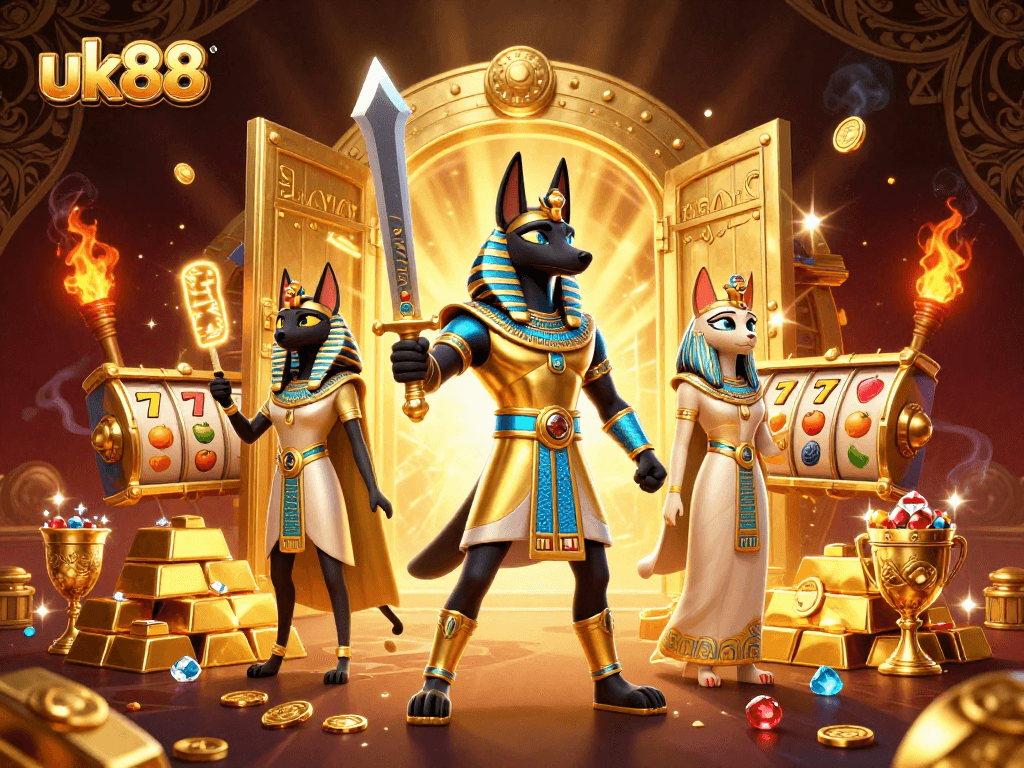 Experience the excitement of uk88 with a vibrant, dynamic scene showcasing an ancient Egyptian warrior and treasures.