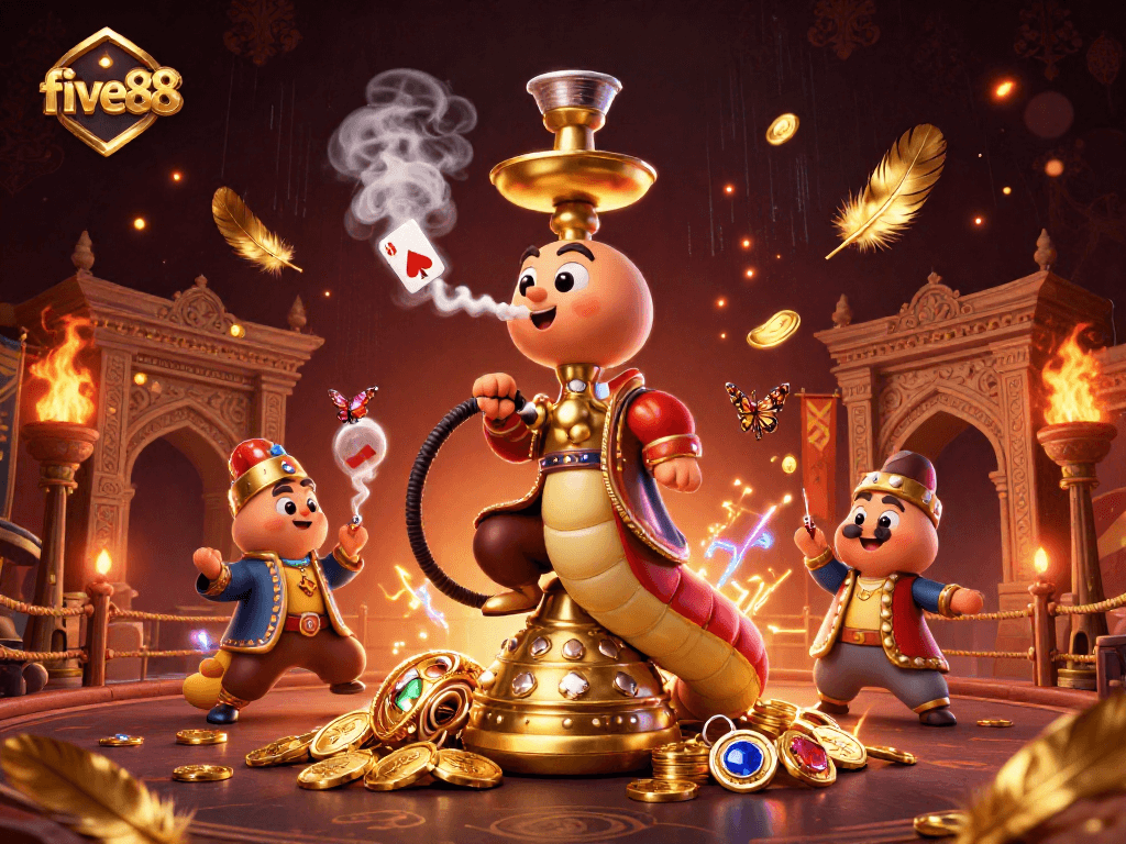 Experience thrilling gameplay at five88 with a vibrant illustration of a charismatic caterpillar master and dynamic casino elements.