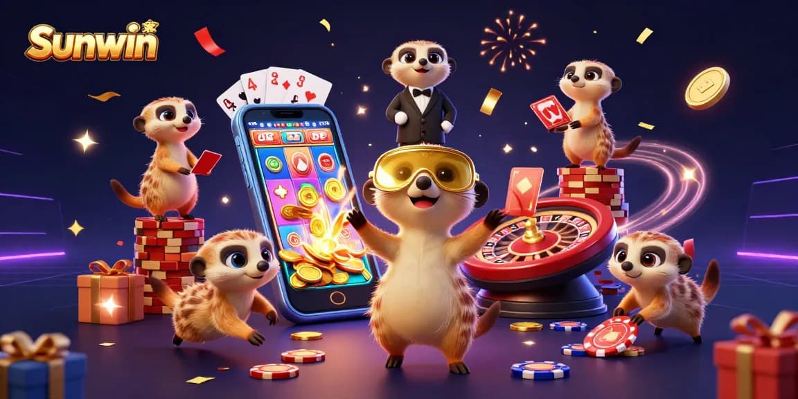 Win big with Sunwin featuring playful meerkats in a lively casino scene.