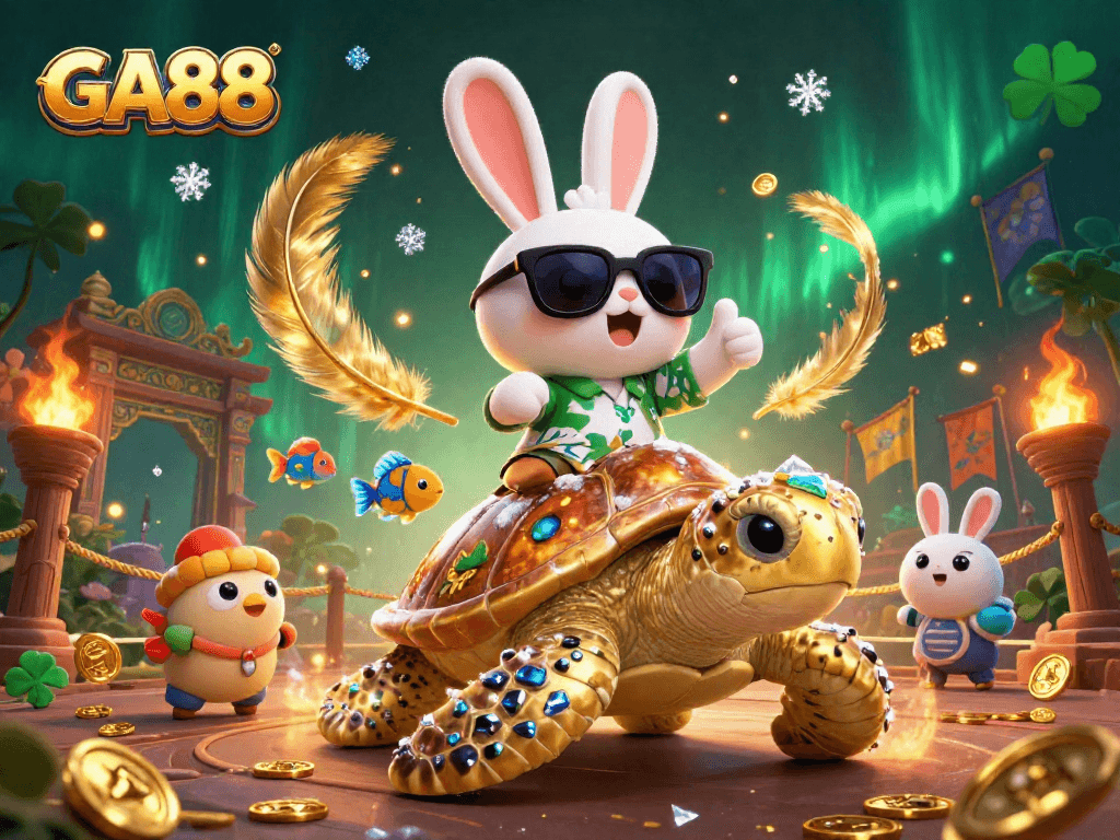 Experience the thrill with GA88 in this vibrant 3D illustration of a lucky rabbit and turtle