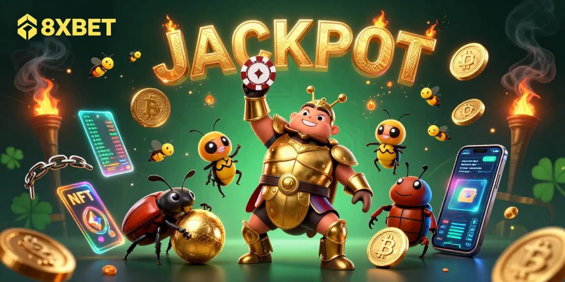 8XBET showcases a 3D illustration of a hercules beetle promoting excitement over gaming jackpots.