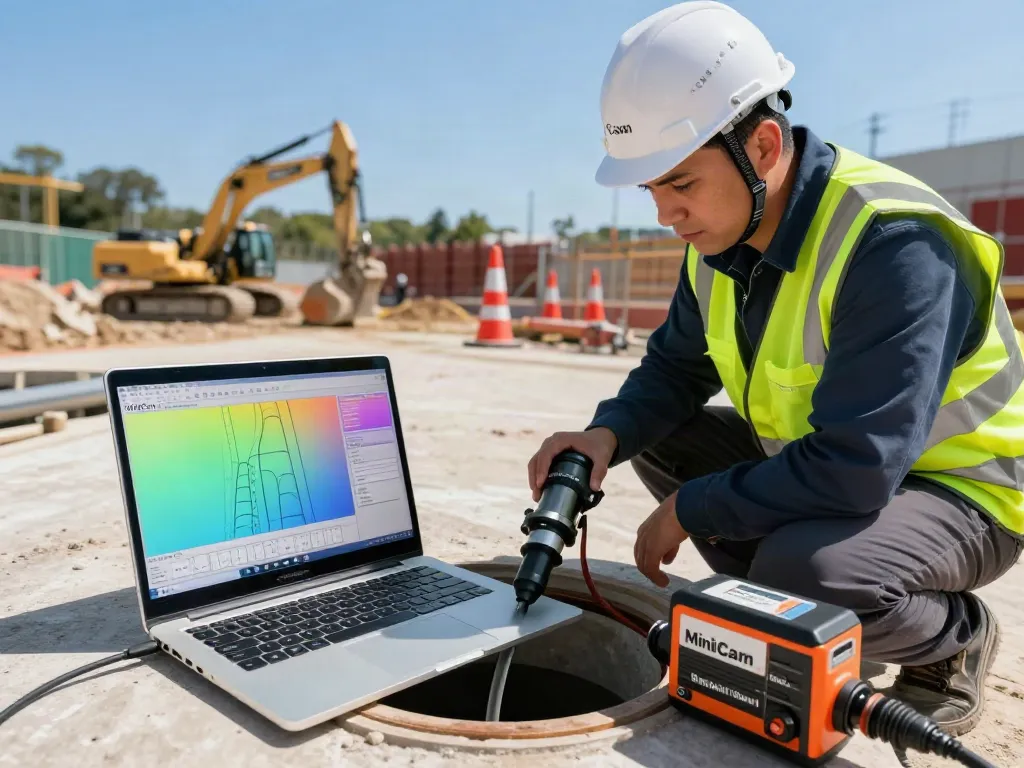 Drainage Surveyors London using advanced equipment for CCTV inspections at a construction site.