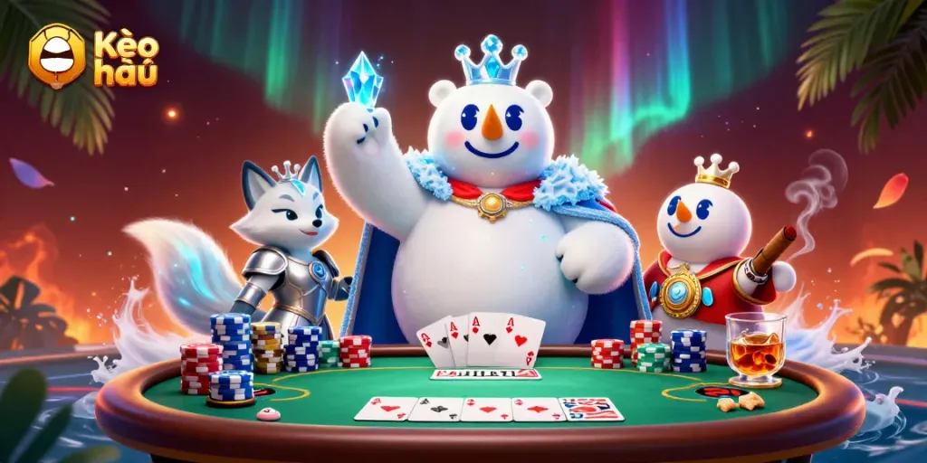 Kèo nhà cái showcases a polar bear king and fox warrior at a poker table, capturing the thrill of casino gaming.