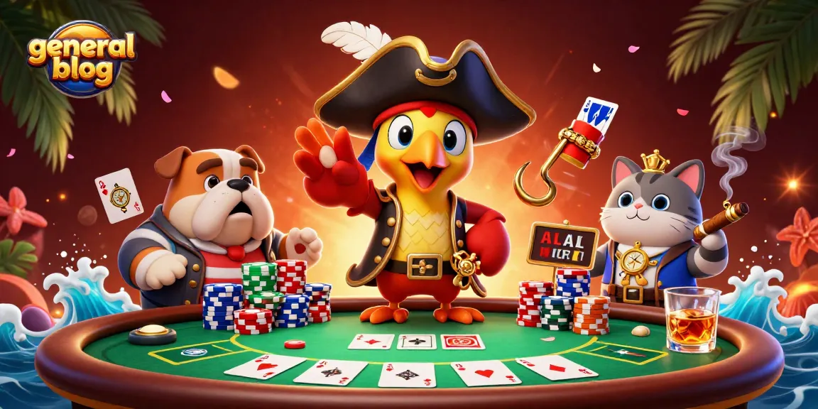 Engage in exciting poker strategies on the general blog with a vibrant pirate-themed scene featuring playful characters and gaming elements.