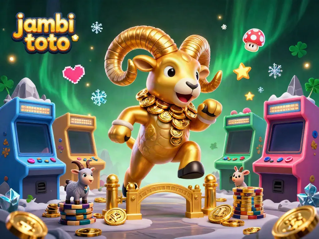 Win big with jambi toto, featuring a golden ram charging through a vibrant casino scene.