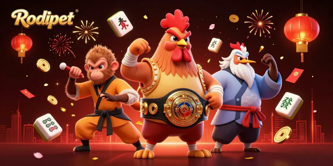 Rodipet showcases a dynamic casino scene with martial artist characters action and floating gaming elements.