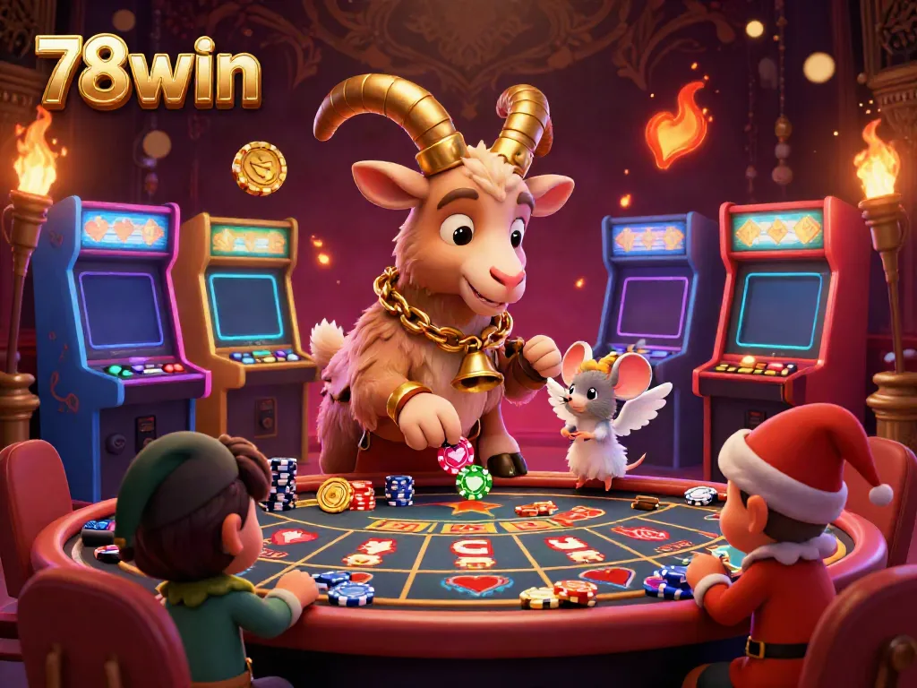 Experience the excitement of 78win with a whimsical casino scene filled with vibrant characters and dynamic game elements.