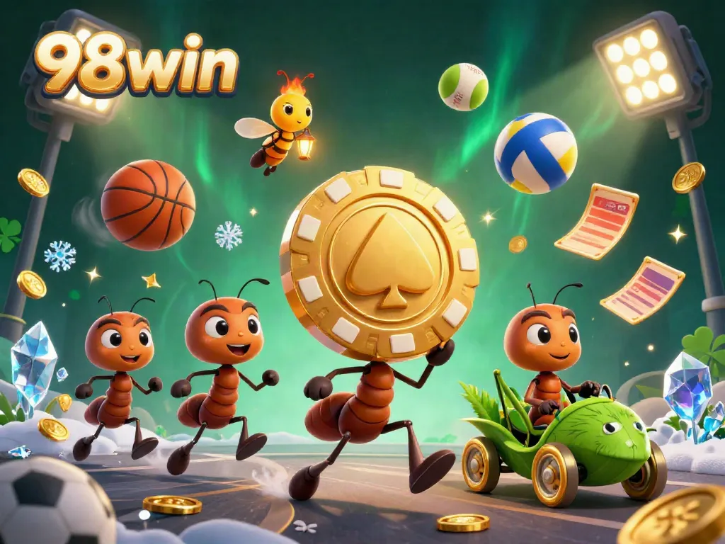 Experience a thrilling heist at 98win with playful ants carrying a golden poker chip, surrounded by dynamic casino elements.