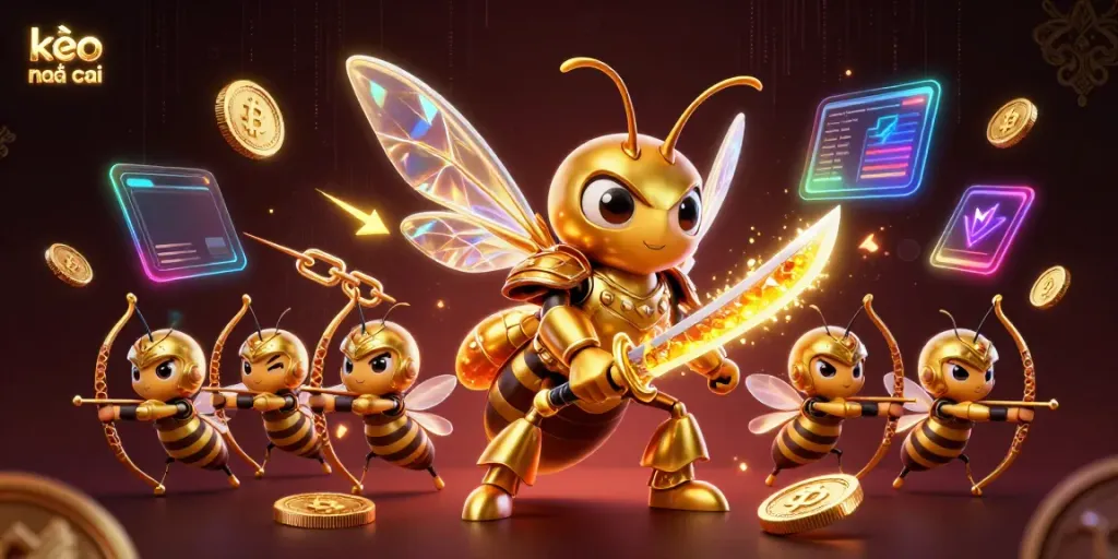 Engage with kèo nhà cái while exploring a vibrant scene of epic bee warriors in a casino realm.