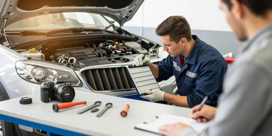 Experienced technician replacing a car cabin filter in a local auto repair shop, demonstrating community-focused service.