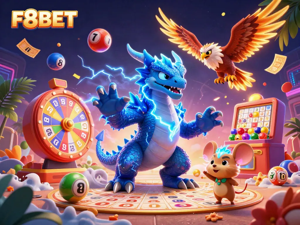 Engage in exciting gaming adventures with F8BET featuring vibrant lottery elements and dynamic characters.