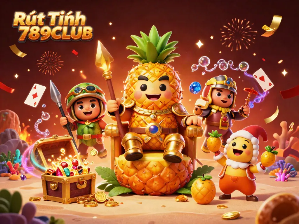 Rút Tiền 789CLUB festive illustration featuring a golden pineapple king and gaming characters in a vibrant casino scene.