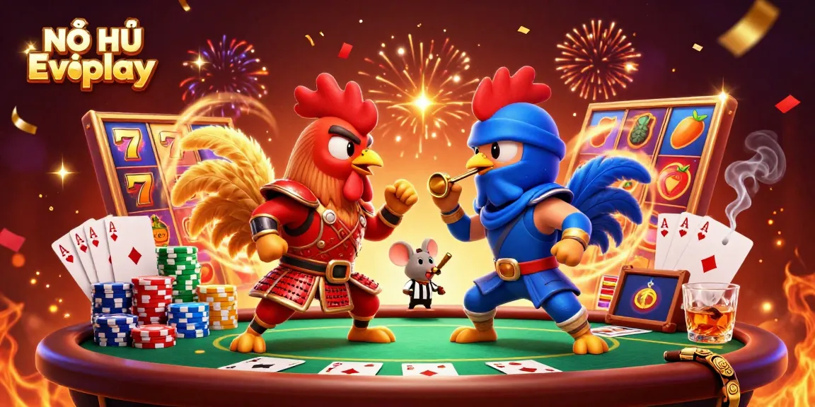 NỔ HŨ Evoplay showcases an exciting 3D standoff between cartoon roosters in vibrant casino-themed elements.