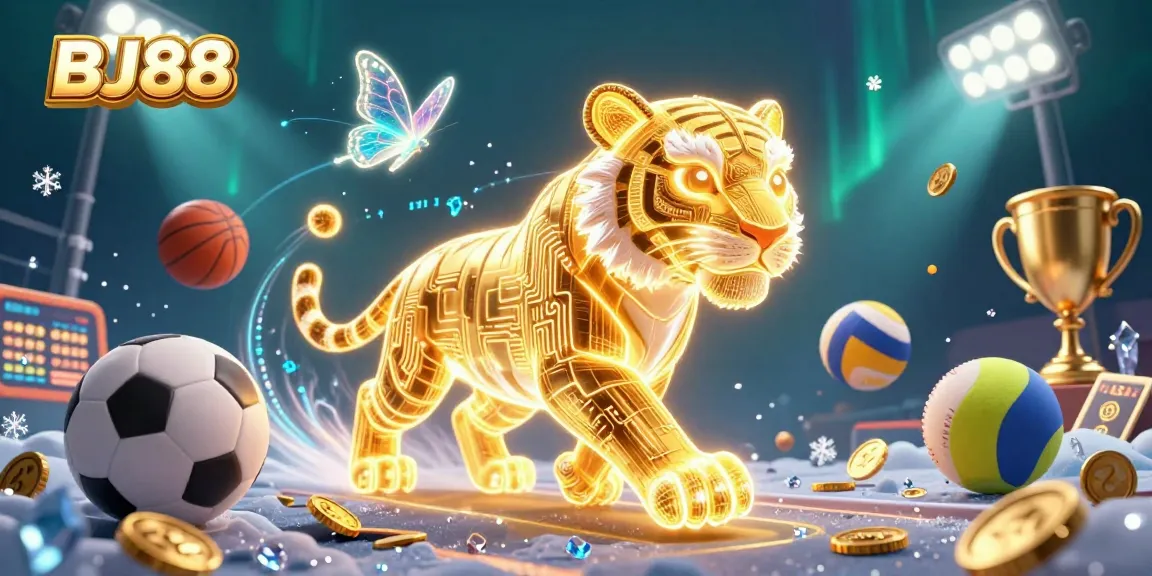 BJ88 offers an exciting betting experience in a vibrant 3D casino realm featuring a dynamic golden tiger.