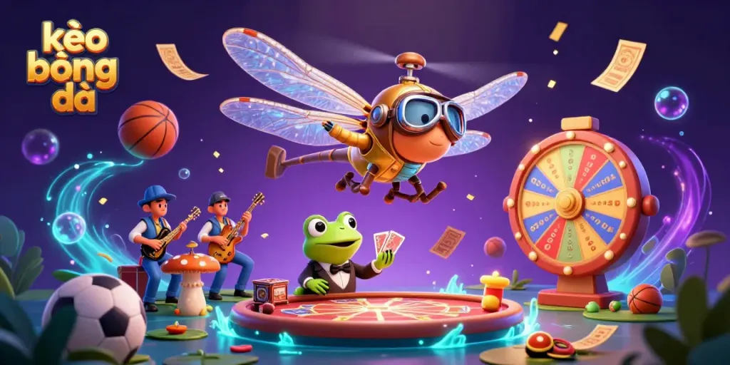Experience kèo bóng đá excitement with a lively 3D casino scene featuring sports themes and vibrant colors.