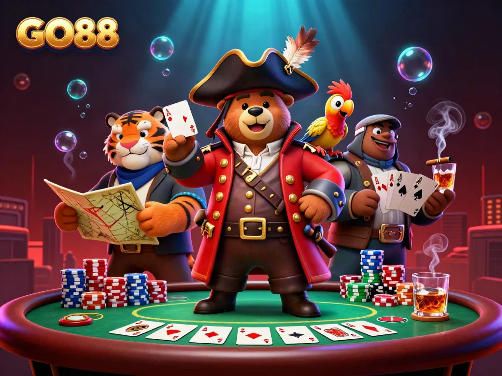 Experience the thrill of GO88 with vibrant characters and gaming elements in this dynamic 3D casino illustration.
