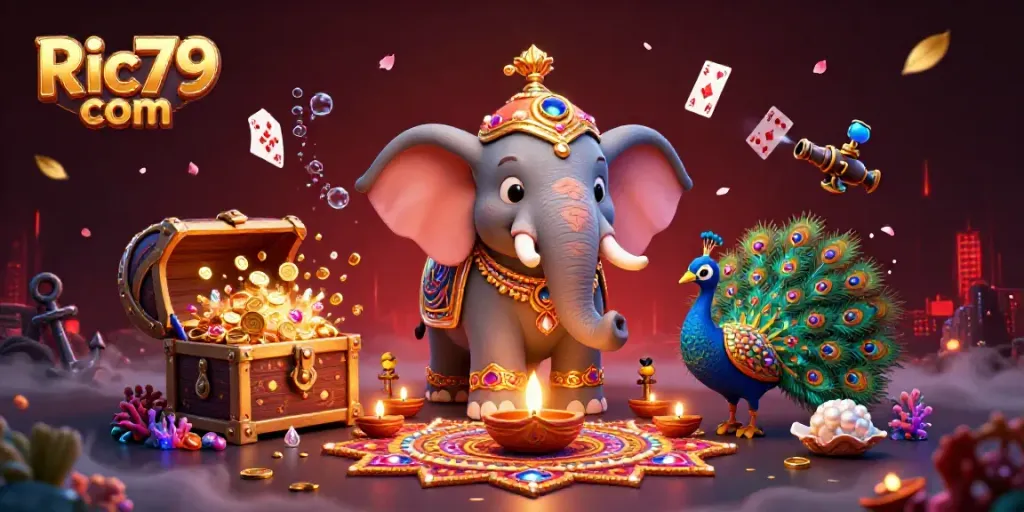 Engage with Ric79 com's vibrant casino energy featuring an ornate elephant and dazzling gems.