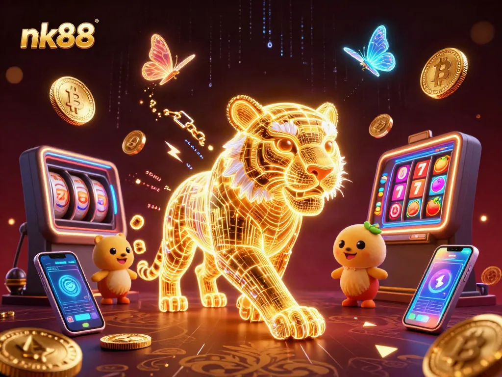 Engage with nk88 in a vibrant, 3D casino scene featuring a golden tiger and neon coins.