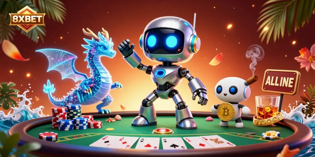 Engage with the dynamic casino universe of 8XBET featuring a cyberpunk robot and poker action.