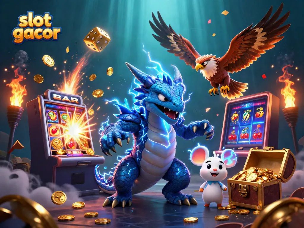 Experience thrills with slot gacor as a thunder dragon and fierce hawk celebrate jackpot wins.