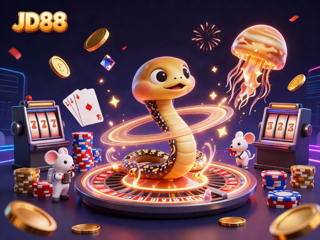 Engage in thrilling bets at JD88 with a vibrant cosmic casino scene featuring roulette and poker elements.