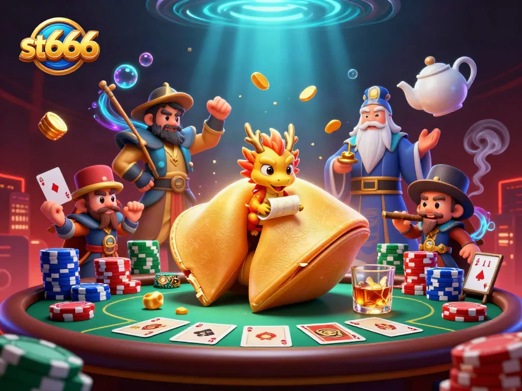 Experience st666's dynamic gaming adventure with a golden fortune cookie surrounded by poker action.
