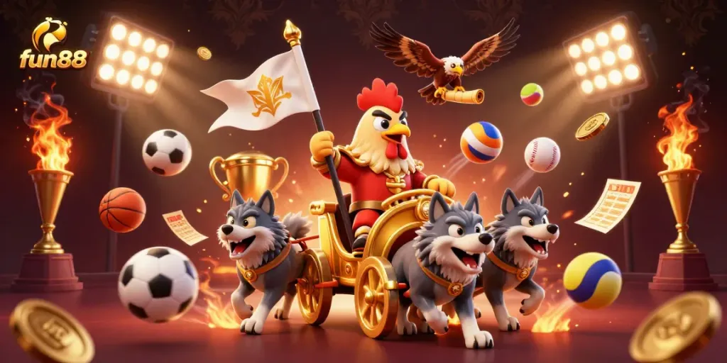 Experience thrilling sports betting action with fun88 and a dynamic scene featuring a rooster warlord and sports elements.