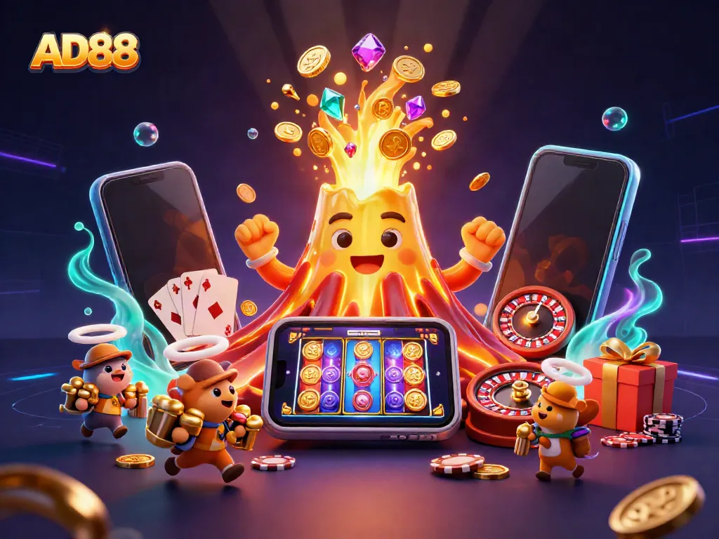 Dive into the captivating world of AD88, where a golden volcano erupts treasures, with dynamic casino elements surrounding playful explorers.