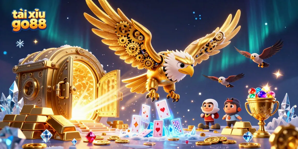 Engage in tài xỉu go88 action with a cybernetic golden eagle amid riches and card cascades.